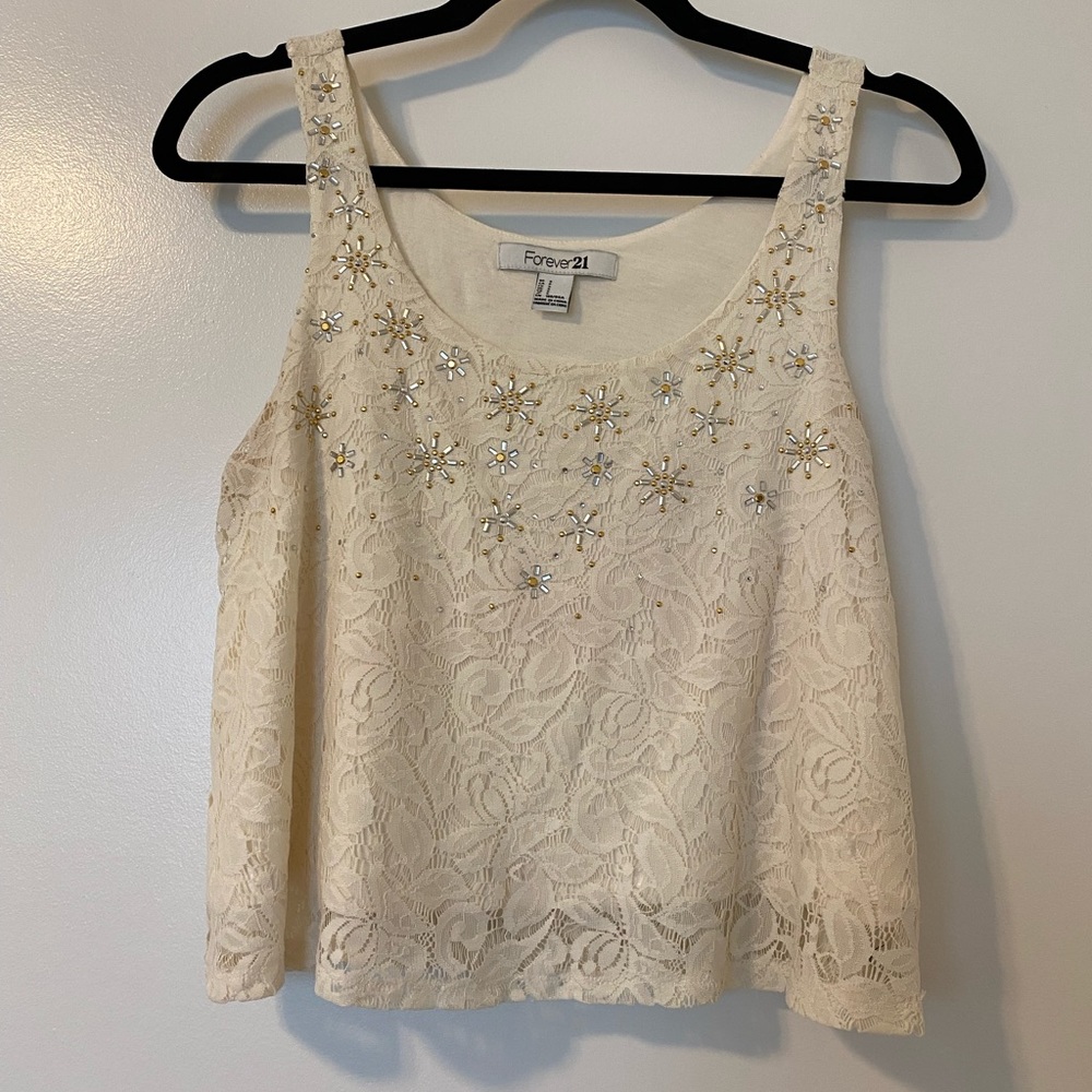 Forever21 White Lace Crop Tank with Gold and Silver Beading